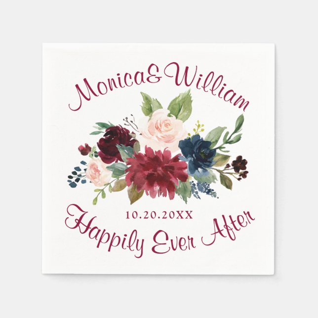 Burgundy Navy Blue Blush Floral Rustic Wedding  Napkin (Front)