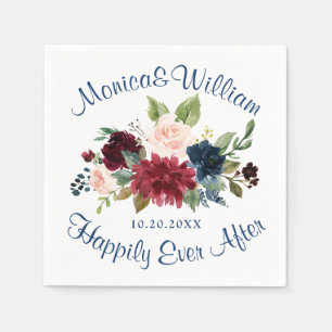 Burgundy Navy Blue Blush Floral Rustic Wedding  Napkin