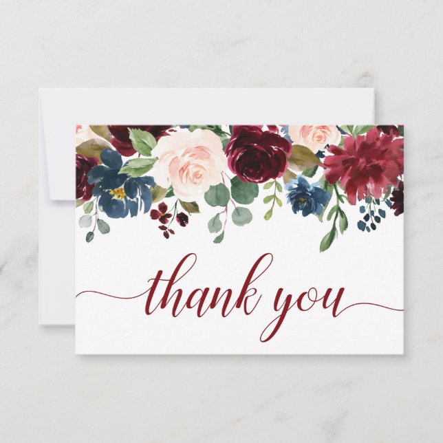 Burgundy Navy Blue Blush Floral Thank You Card (Front)