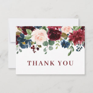 Burgundy Navy Blue Blush Floral Thank You Card