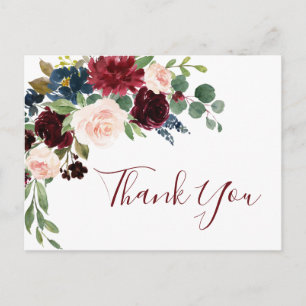 Burgundy Navy Blue Blush Floral Thank You Postcard