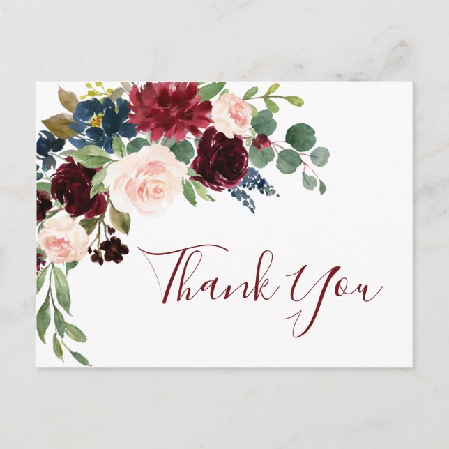 Burgundy Navy Blue Blush Floral Thank You Postcard (Front)