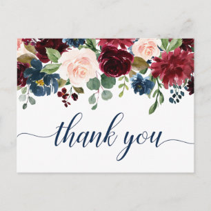 Burgundy Navy Blue Blush Floral Thank You Postcard