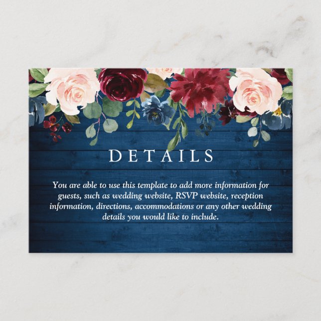 Burgundy Navy Blue Blush Floral Wedding Details Enclosure Card (Front)
