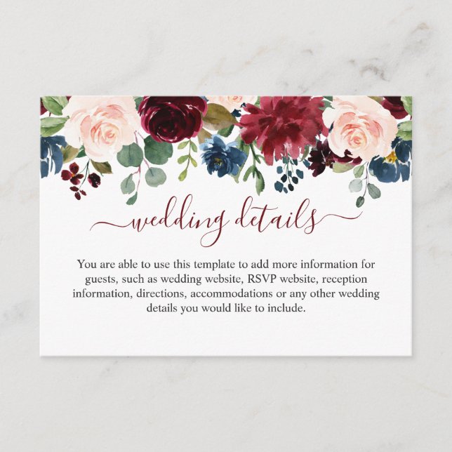 Burgundy Navy Blue Blush Floral Wedding Details Enclosure Card (Front)