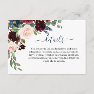 Burgundy Navy Blue Blush Floral Wedding Details Enclosure Card