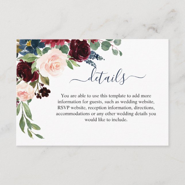 Burgundy Navy Blue Blush Floral Wedding Details Enclosure Card (Front)