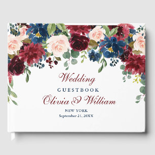 Burgundy Navy Blue Blush Floral Wedding Guest Book