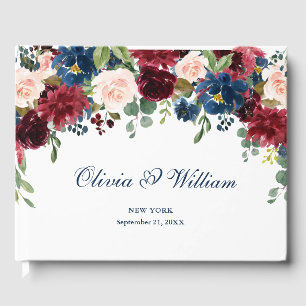 Burgundy Navy Blue Blush Floral Wedding Guest Book