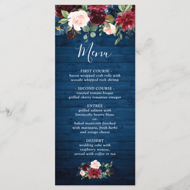 Burgundy Navy Blue Blush Floral Wedding Menu (Front)