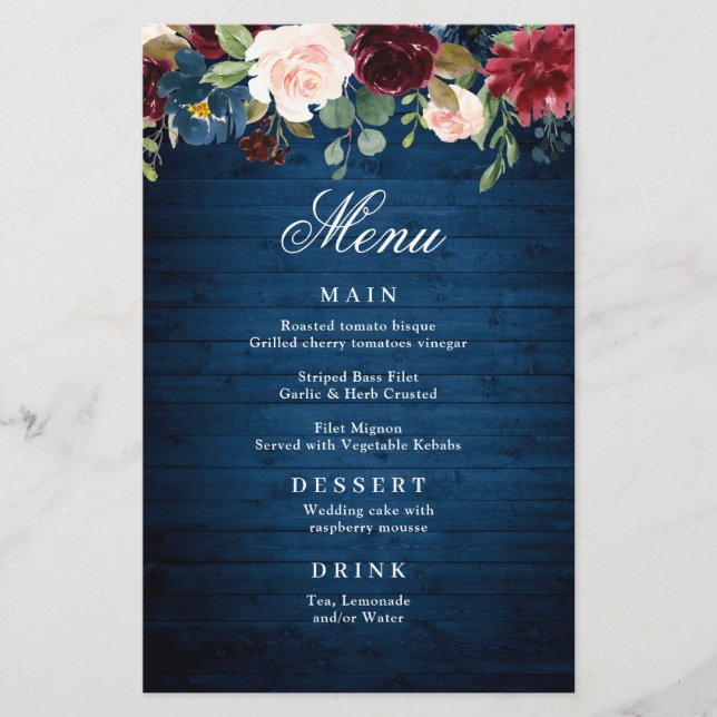 Burgundy Navy Blue Blush Floral Wedding Menu (Front)