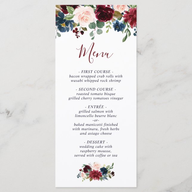 Burgundy Navy Blue Blush Floral Wedding Menu (Front)