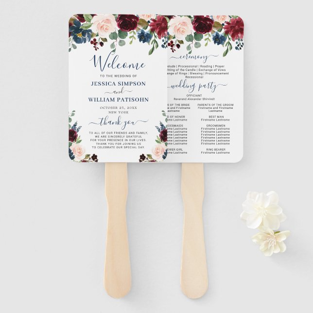 Burgundy Navy Blue Blush Floral Wedding Program Hand Fan (Front and Back)