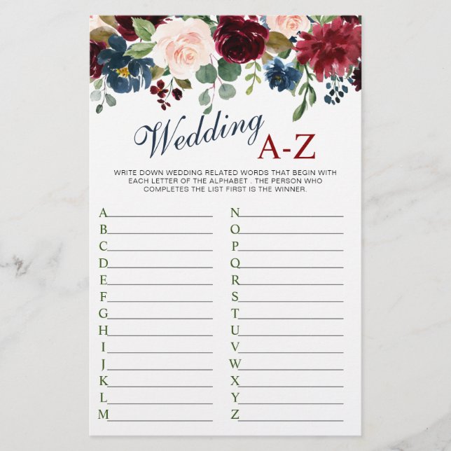 Burgundy Navy Blue Blush Flower Bridal Shower Game (Front)