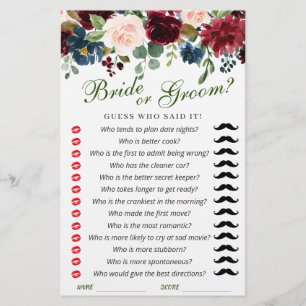 Burgundy Navy Blue Blush Flower Bridal Shower Game
