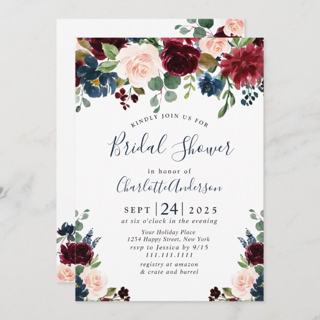 Burgundy Navy Blue Blush Flowers BRIDAL SHOWER Invitation (Front/Back)