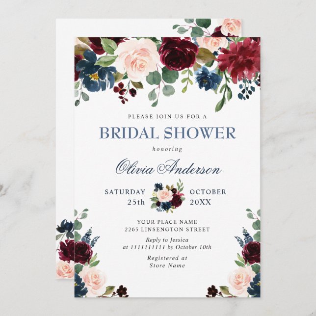 Burgundy Navy Blue Blush Flowers BRIDAL SHOWER Invitation (Front/Back)