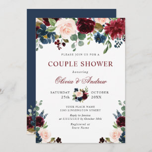 Burgundy Navy Blue Blush Flowers COUPLE SHOWER Invitation