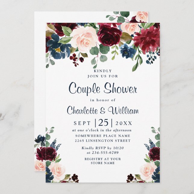 Burgundy Navy Blue Blush Flowers COUPLE SHOWER Invitation (Front/Back)