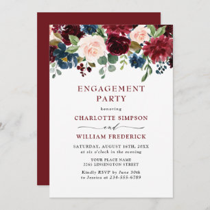 Burgundy Navy Blue Blush Flowers ENGAGEMENT PARTY Invitation