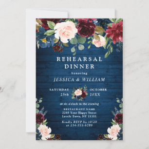 Burgundy Navy Blue Blush Flowers REHEARSAL  DINNER Invitation