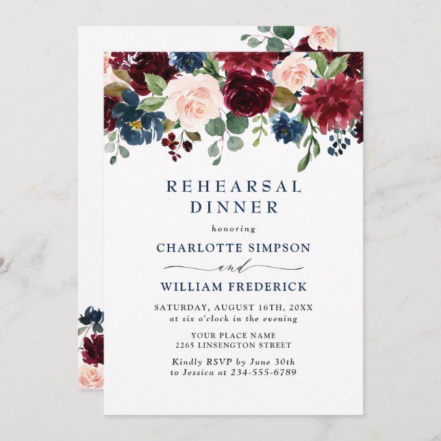 Burgundy Navy Blue Blush Flowers REHEARSAL  DINNER Invitation (Front/Back)