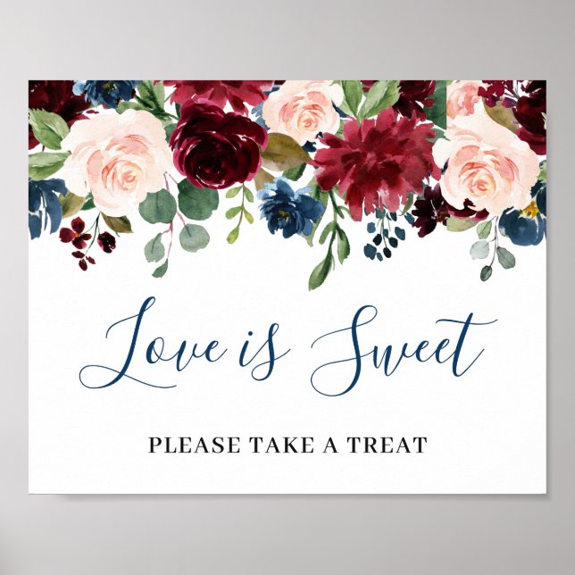 Burgundy Navy Blue Blush Love is Sweet Wedding Poster (Front)