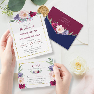 Burgundy & Navy Blue Blush Peony Floral Wedding  All In One Invitation