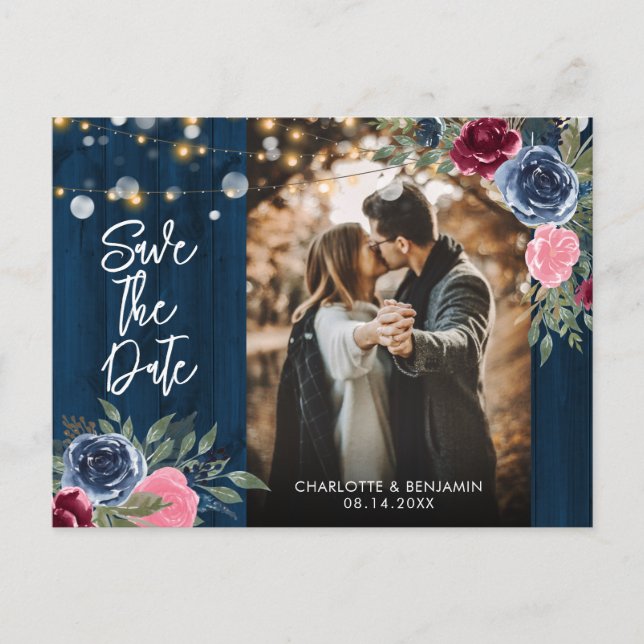 Burgundy Navy Blue Blush Photo Save The Date Postcard (Front)