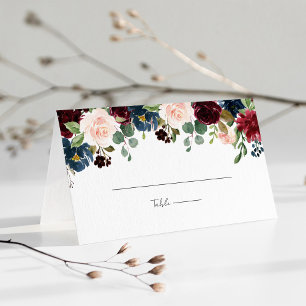 Burgundy Navy Blue & Blush Pink Floral Wedding Place Card