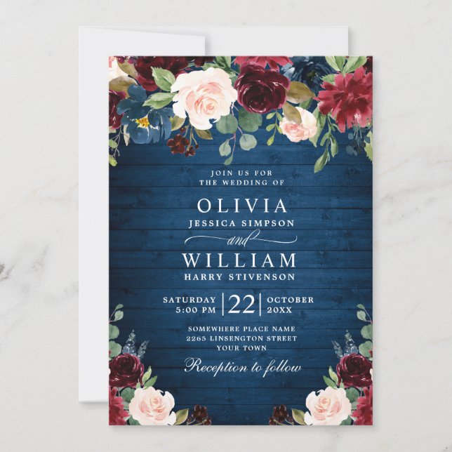 Burgundy Navy Blue Blush Rustic Floral Wedding Invitation (Front)