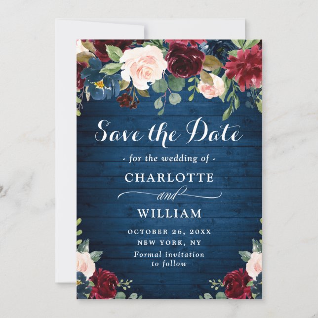 Burgundy Navy Blue Blush Rustic Floral Wedding Save The Date (Front)