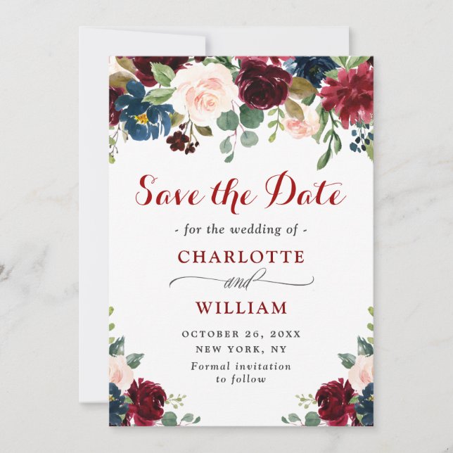 Burgundy Navy Blue Blush Rustic Floral Wedding Save The Date (Front)