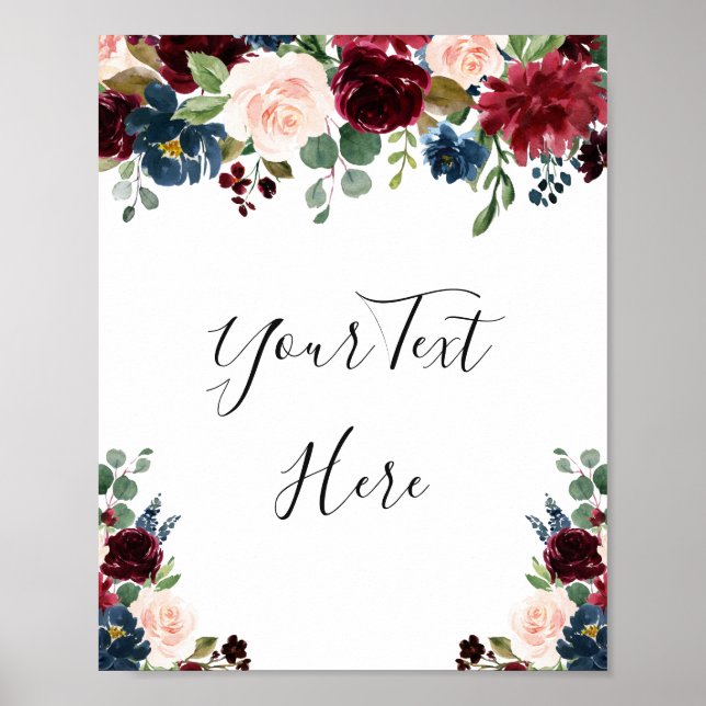 Burgundy Navy Blue Blush Watercolor Floral Poster (Front)