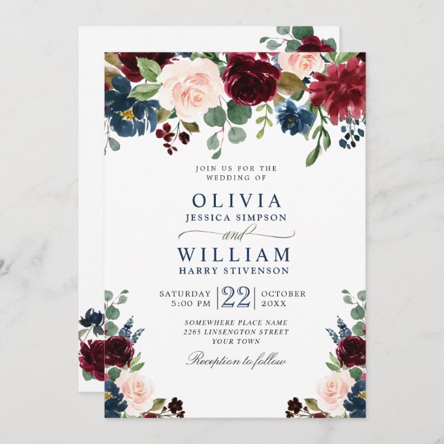 Burgundy Navy Blue Blush Watercolor Floral Wedding Invitation (Front/Back)