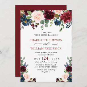 Burgundy Navy Blue Blush Watercolor Floral Wedding Invitation
