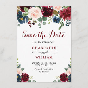 Burgundy Navy Blue Blush Watercolor Floral Wedding Save The Date
