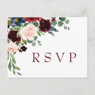 Burgundy Navy Blue Blush Watercolor Wedding RSVP Postcard