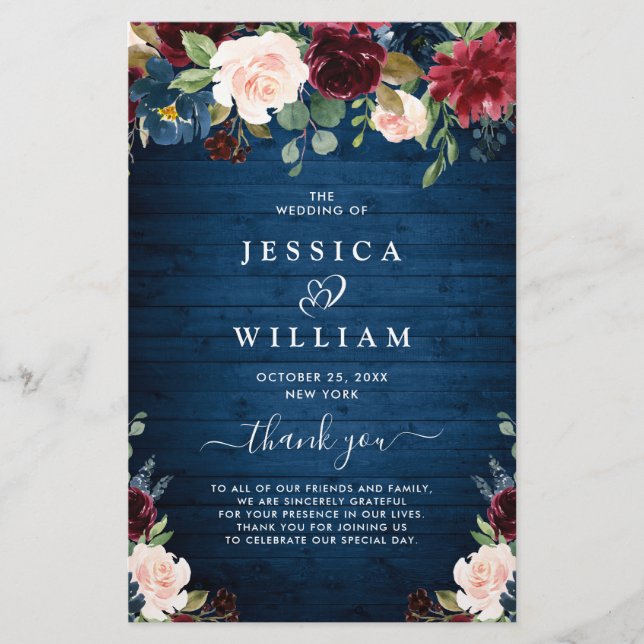 Burgundy Navy Blue Blush Wedding Ceremony Program (Front)