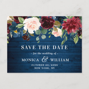 Burgundy Navy Blue Blush Wedding Save the Date Announcement Postcard