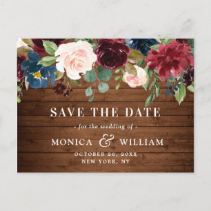 Burgundy Navy Blue Blush Wedding Save the Date Announcement Postcard