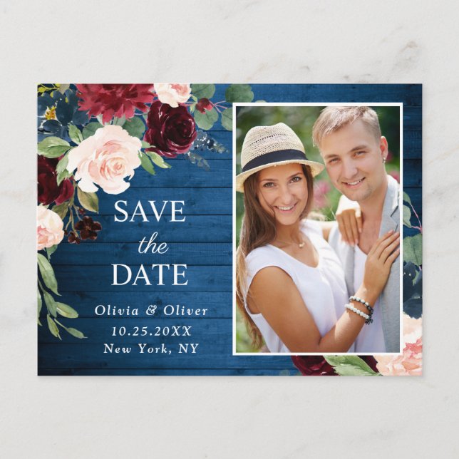 Burgundy Navy Blue Blush Wedding  Save the Date Postcard (Front)