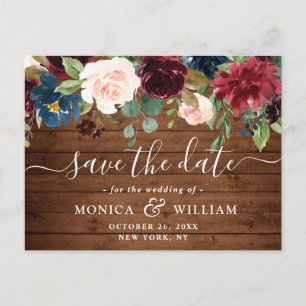 Burgundy Navy Blue Blush Wedding Save the Date Postcard