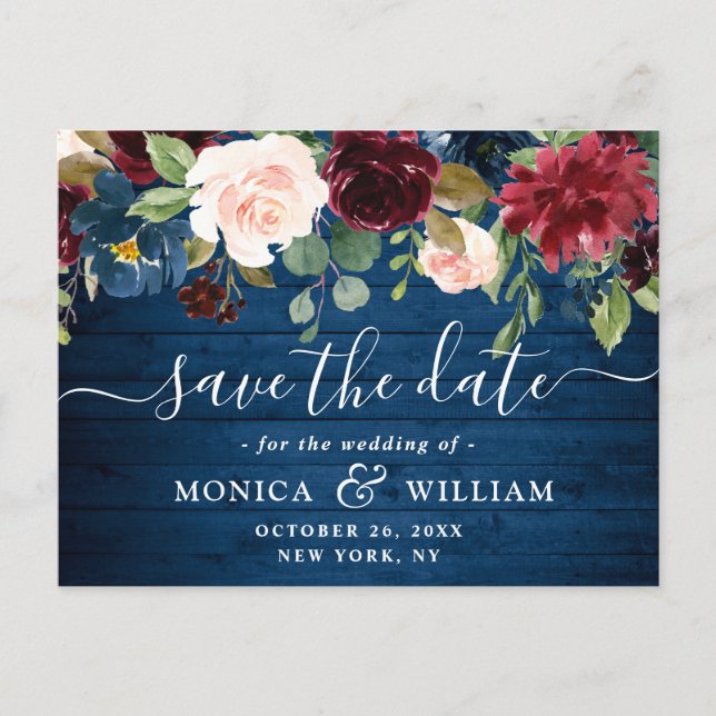 Burgundy Navy Blue Blush Wedding  Save the Date Postcard (Front)
