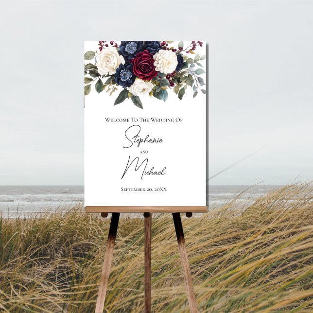 Burgundy Navy Blue Cream Floral Wedding Sign (Burgundy Navy blue Cream White Floral Wedding Welcome sign poster.)