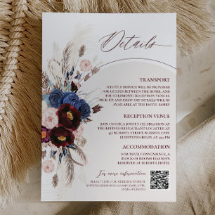 Burgundy Navy Blue Floral Boho Wedding Details Enclosure Card