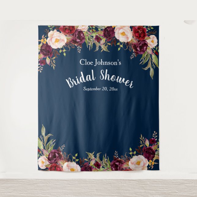 Burgundy Navy Blue Floral Bridal Shower Photo Prop Tapestry (Front)