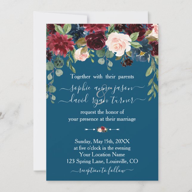 Burgundy Navy Blue Floral Calligraphy Wedding Invitation (Front)