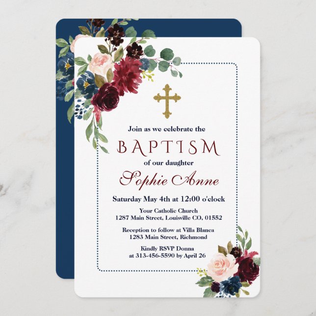 Burgundy Navy Blue Floral Dotted Frame Baptism Invitation (Front/Back)