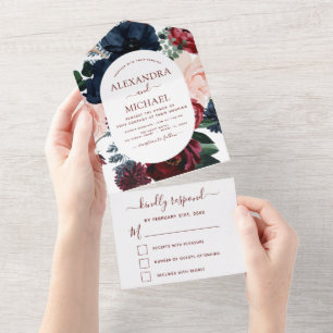 Burgundy Navy Blue Floral Eucalyptus Wedding RSVP All In One Invitation